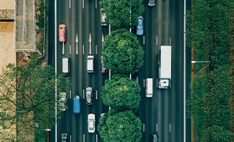a busy road with many cars - birds eye view