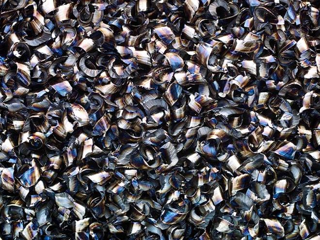 Close-up of steel shavings produced during machining