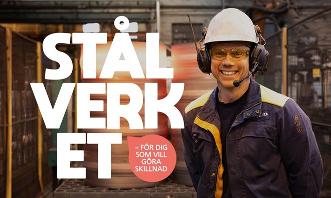 Stalverket Podcast logo next to a steel worker in production site